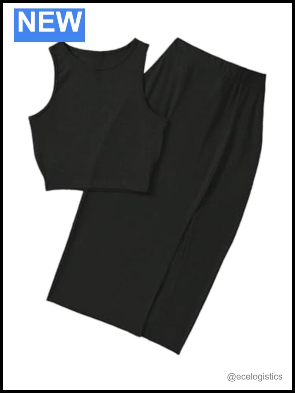 Rib Knit 2 Piece Crop Tank Top & Slit Midi Skirt Set Women's Large